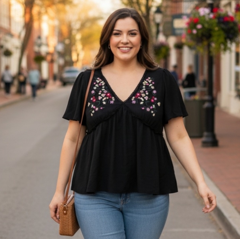 Black Embroidered Women's Top